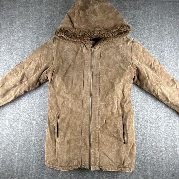 St Johns Bay Washable Suede Coat Womens Sz S 100% Leather Faux Fur Lined Hooded - Picture 2 of 10